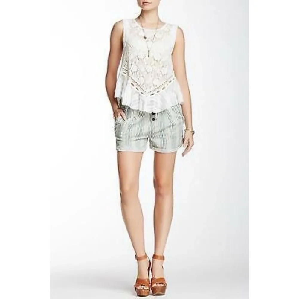 Free People Beachy Stripe Shorts in Cream/Teal Combo - Picture 2 of 9